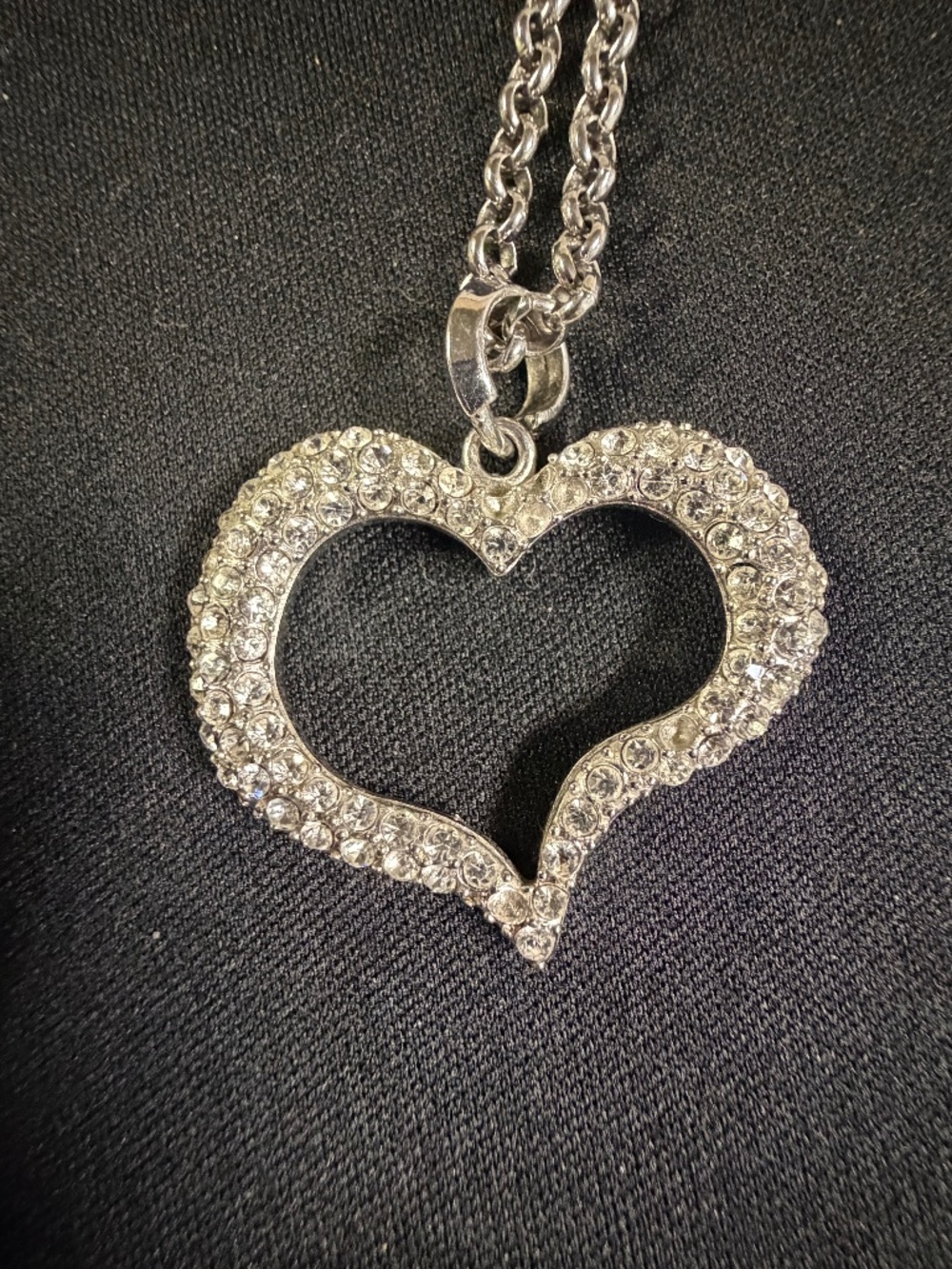 Silver Tone Rhinestone Open Heart Pendant Necklace
